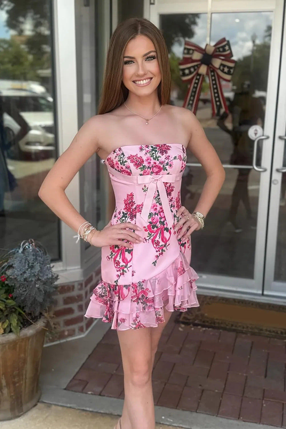 Classic Pink Printed Tube Top Mini Tiered Homecoming Dress with Bow HM040