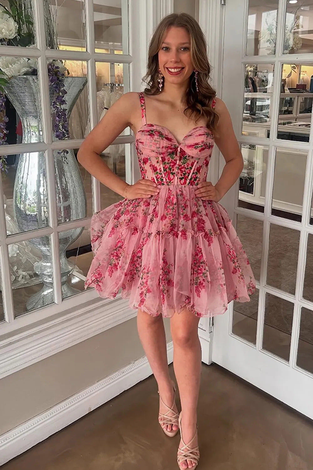 Elegant Pink Sweetheart A-Line Homecoming Dress with Printed HM042
