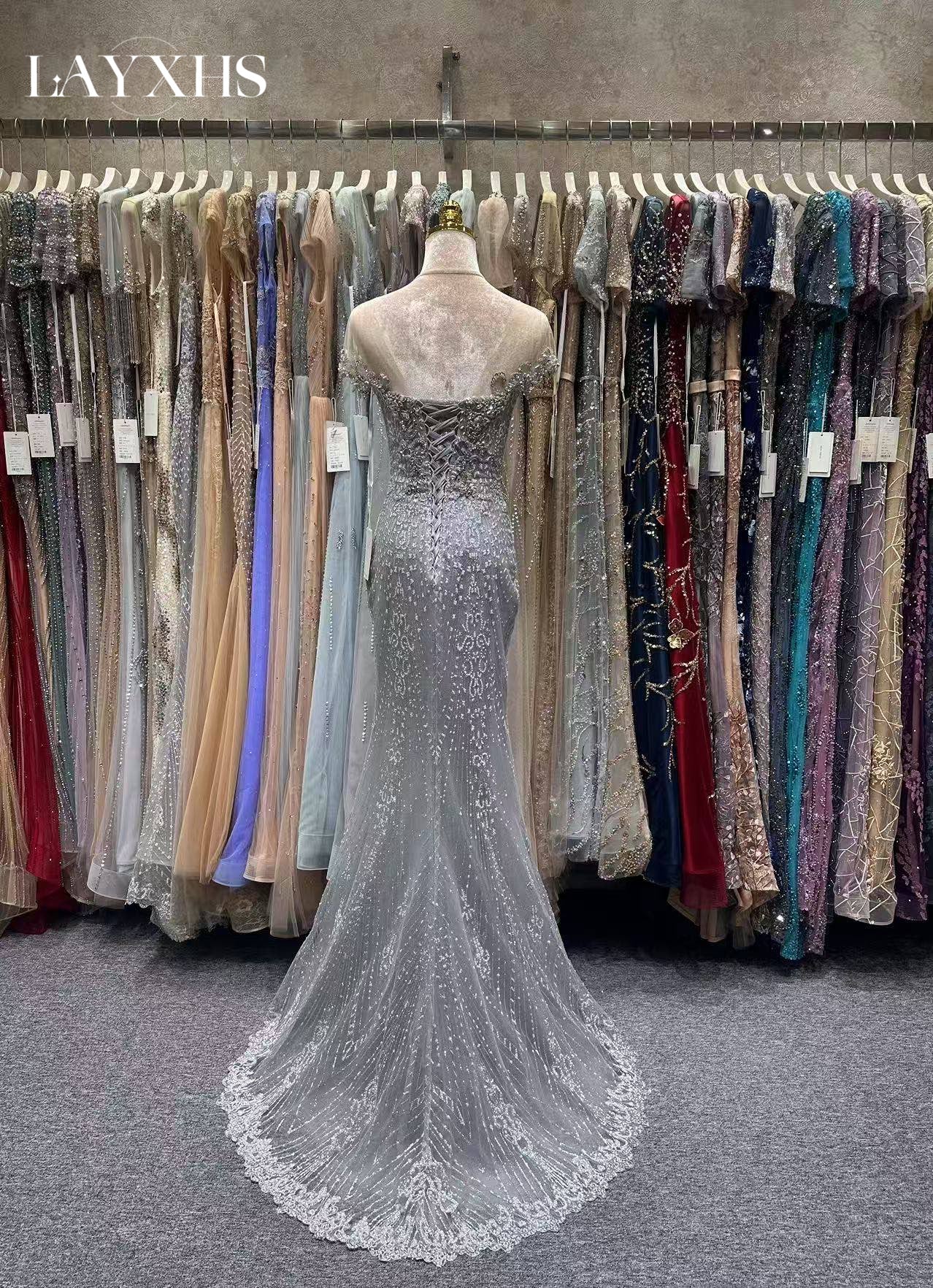 Luxury Grey Beaded Short Sleeves Mermaid Evening Dress with Pearls LP034