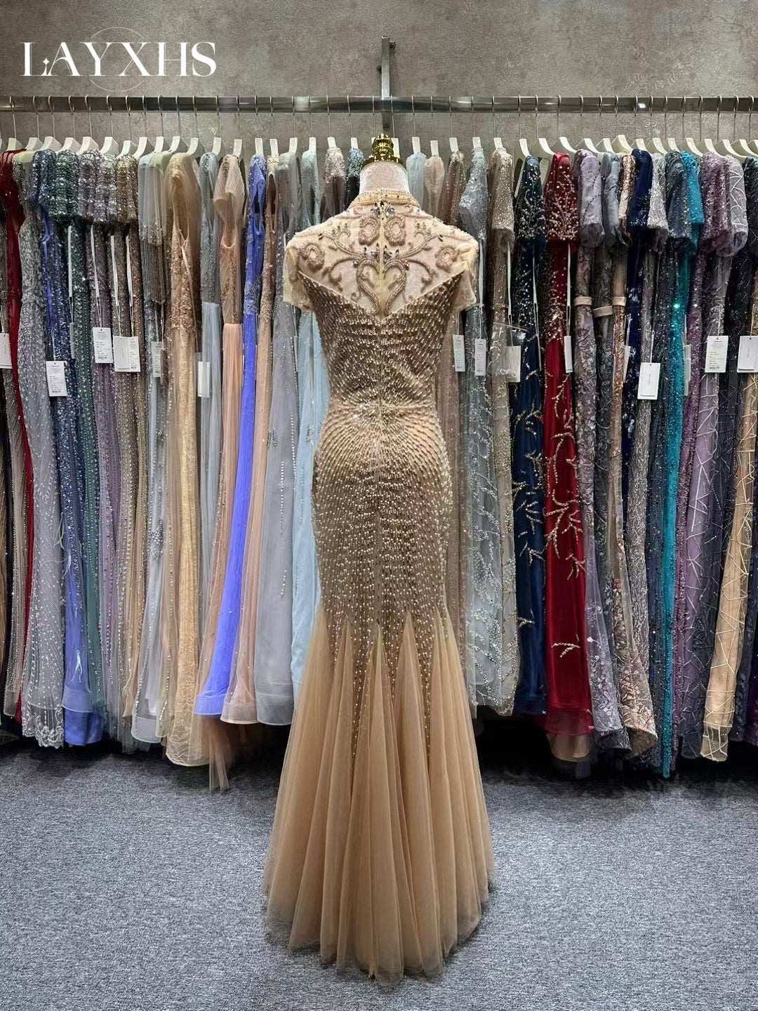 Luxury Champagne Beaded Short Sleeves Mermaid Evening Dress LP036