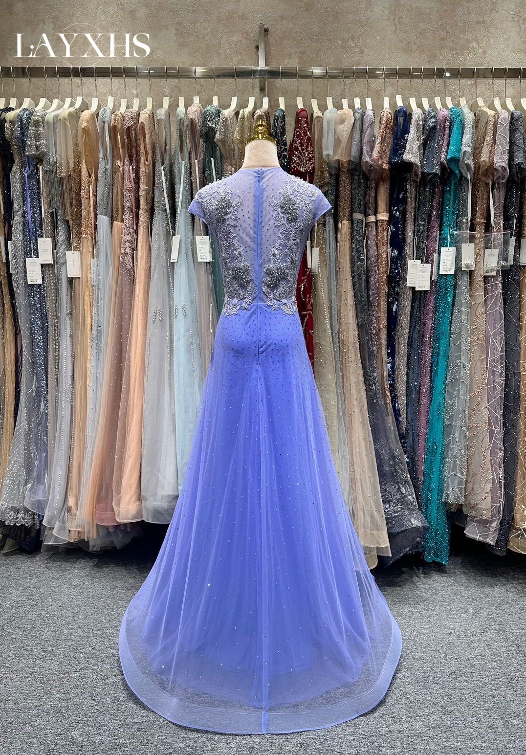 Elegant Beaded Blue A-Line Lace Evening Prom Dress with Appliques LP035