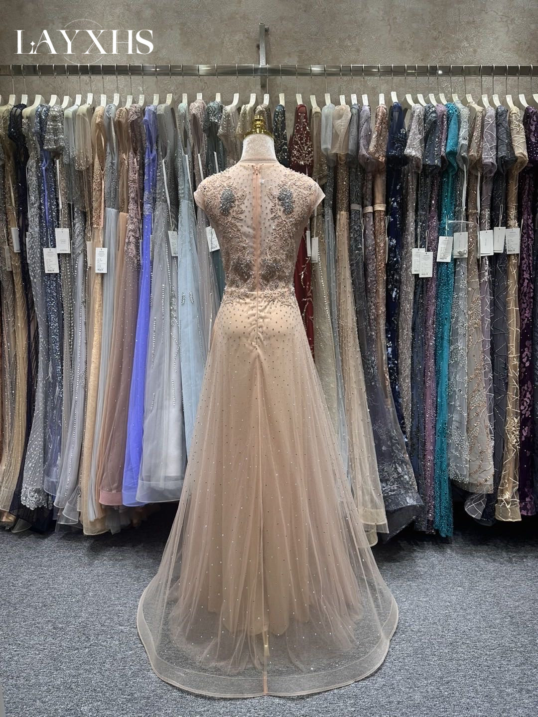 Elegant Beaded Champagne A-Line Pleated Lace Evening Dress LP037