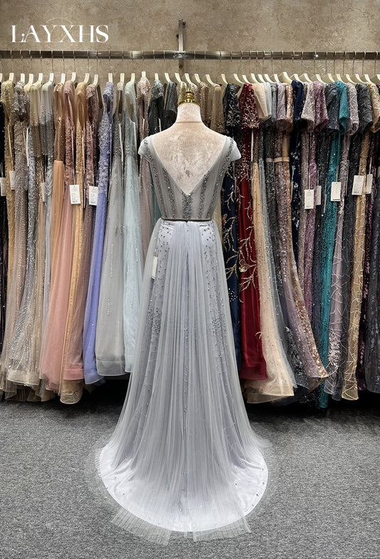 Classic Grey Short Sleeves A-Line V-Neck Sequined Lace Evening Dress LP038