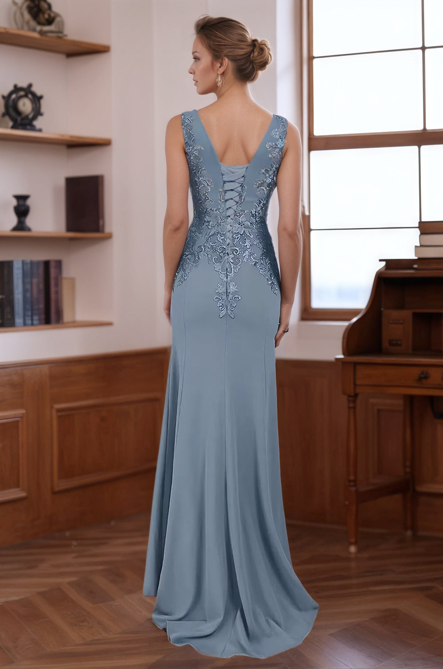 Classic Embroidered Blue V-Neck Mermaid Mother of Groom with Beads MG008