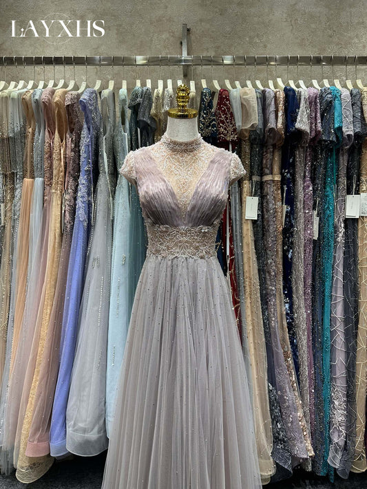 Elegant Embroidered Pink High Neck A-Line Evening Dress with Beads LP041