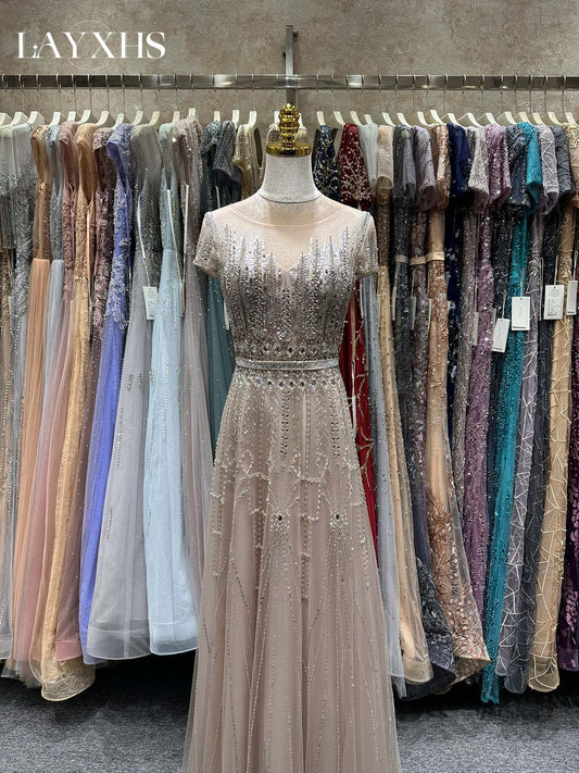 Elegant Vintage Rose Scoop Neck A-Line Sequin Lace Evening Gown with Beads LP042