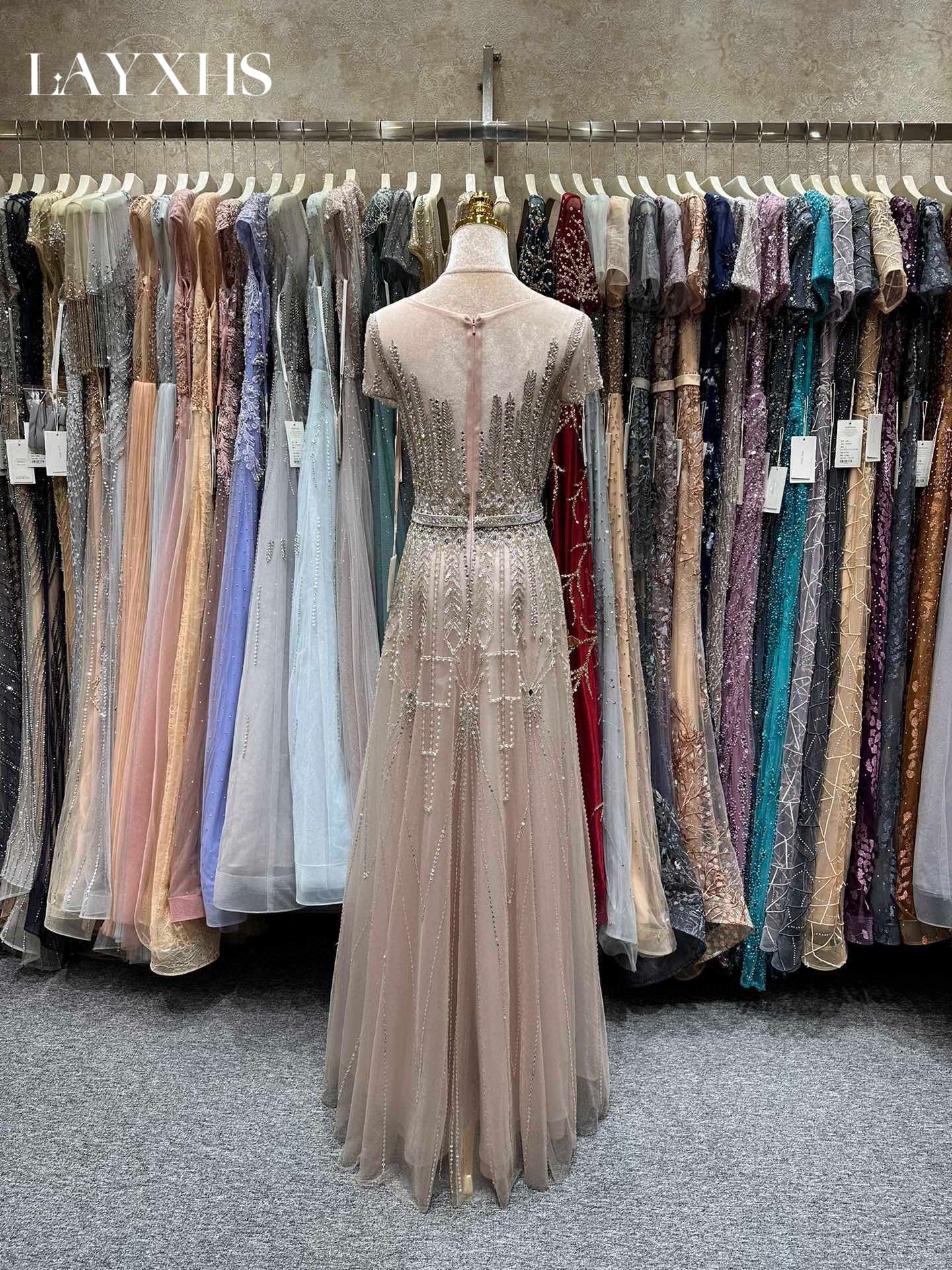 Elegant Vintage Rose Scoop Neck A-Line Sequin Lace Evening Gown with Beads LP042