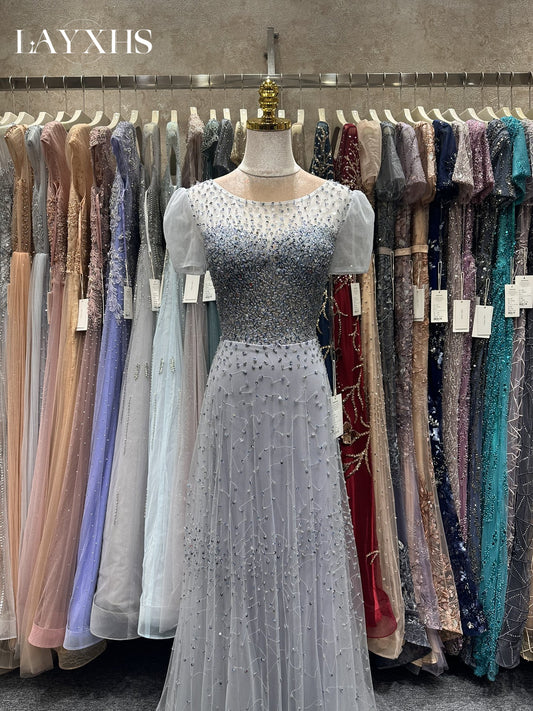 Chic Scoop Neck Short Sleeves Beaded Sheath Grey Evening Party Gown LP043