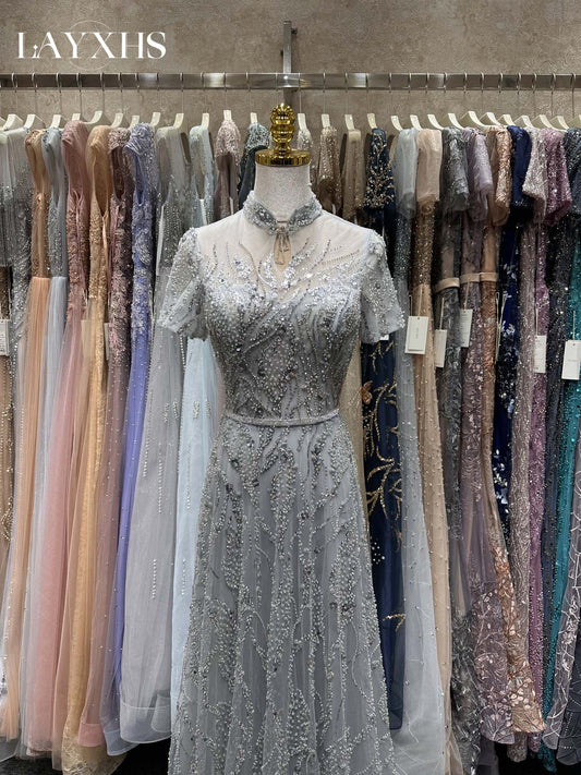 Luxury Beaded Grey A-Line Short Sleeves Sequined Lace Evening Dress LP045