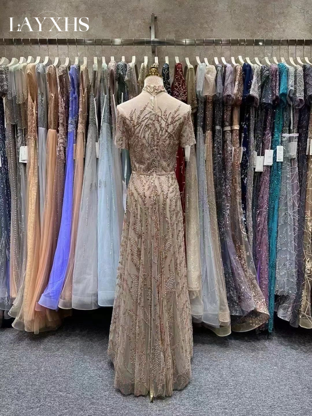 Luxury Beaded Grey A-Line Short Sleeves Sequined Lace Evening Dress LP045