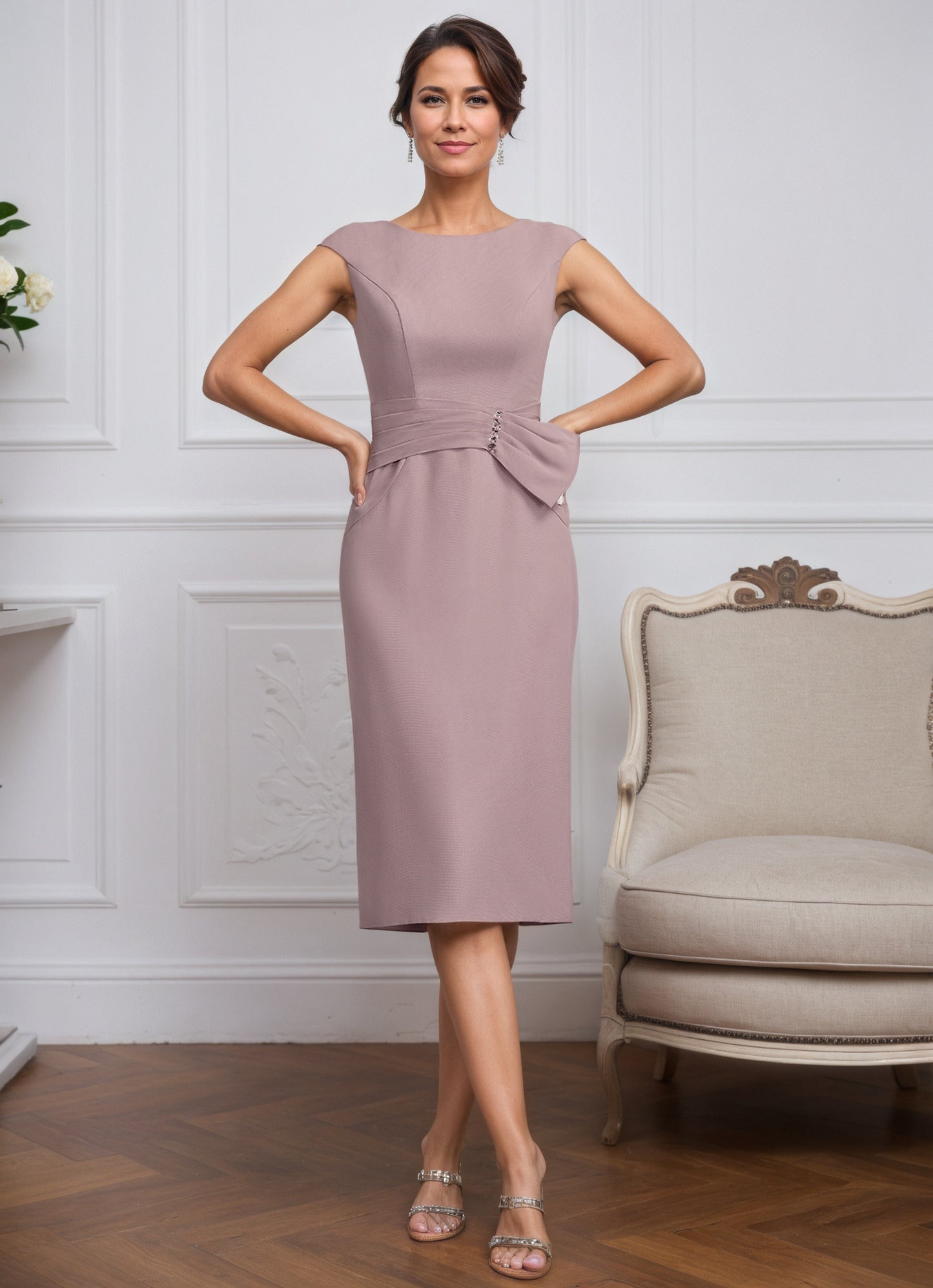 Elegant Dusty Rose Scoop Neck Midi Mother of Groom with Applique Coat MG009