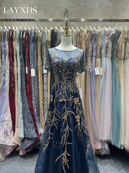 Elegant Navy Blue Scoop Neck A-Line Evening Dress with Sequined Embroidery LP046