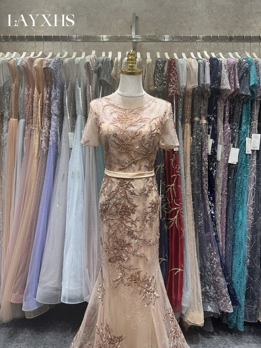 Classic Embroidered Champagne Scoop Neck Mermaid Lace Evening Gown LP047