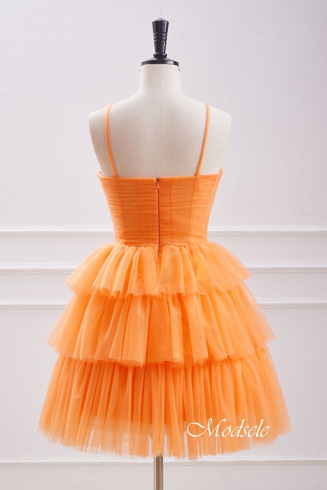 Elegant Orange A-Line Tiered Homecoming Dress with Floral HM125