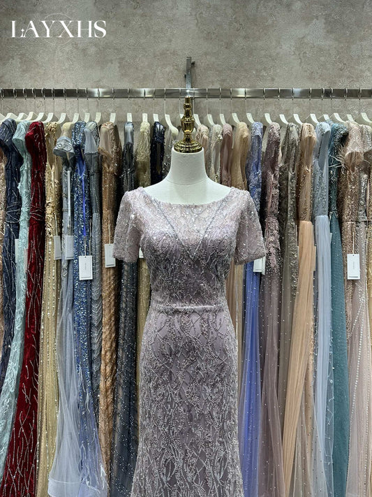 Elegant Scoop Neck Short Sleeves Beaded Sheath Evening Dress LP049