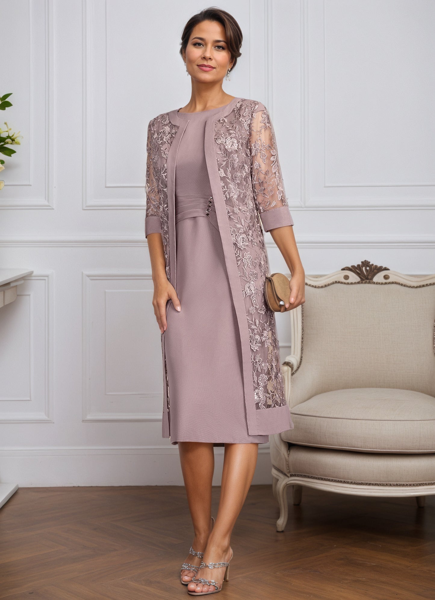 Elegant Dusty Rose Scoop Neck Midi Mother of Groom with Applique Coat MG009