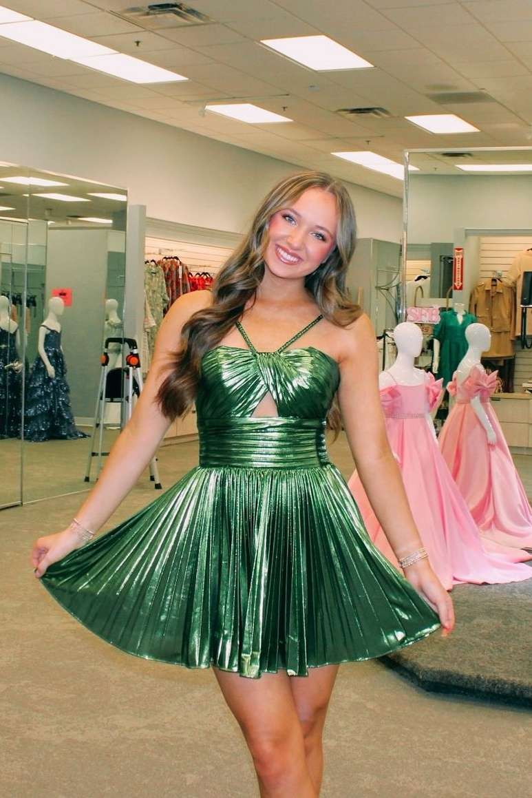 Sliver Metallic Spaghetti Strap A-Line Homecoming Dress HM124