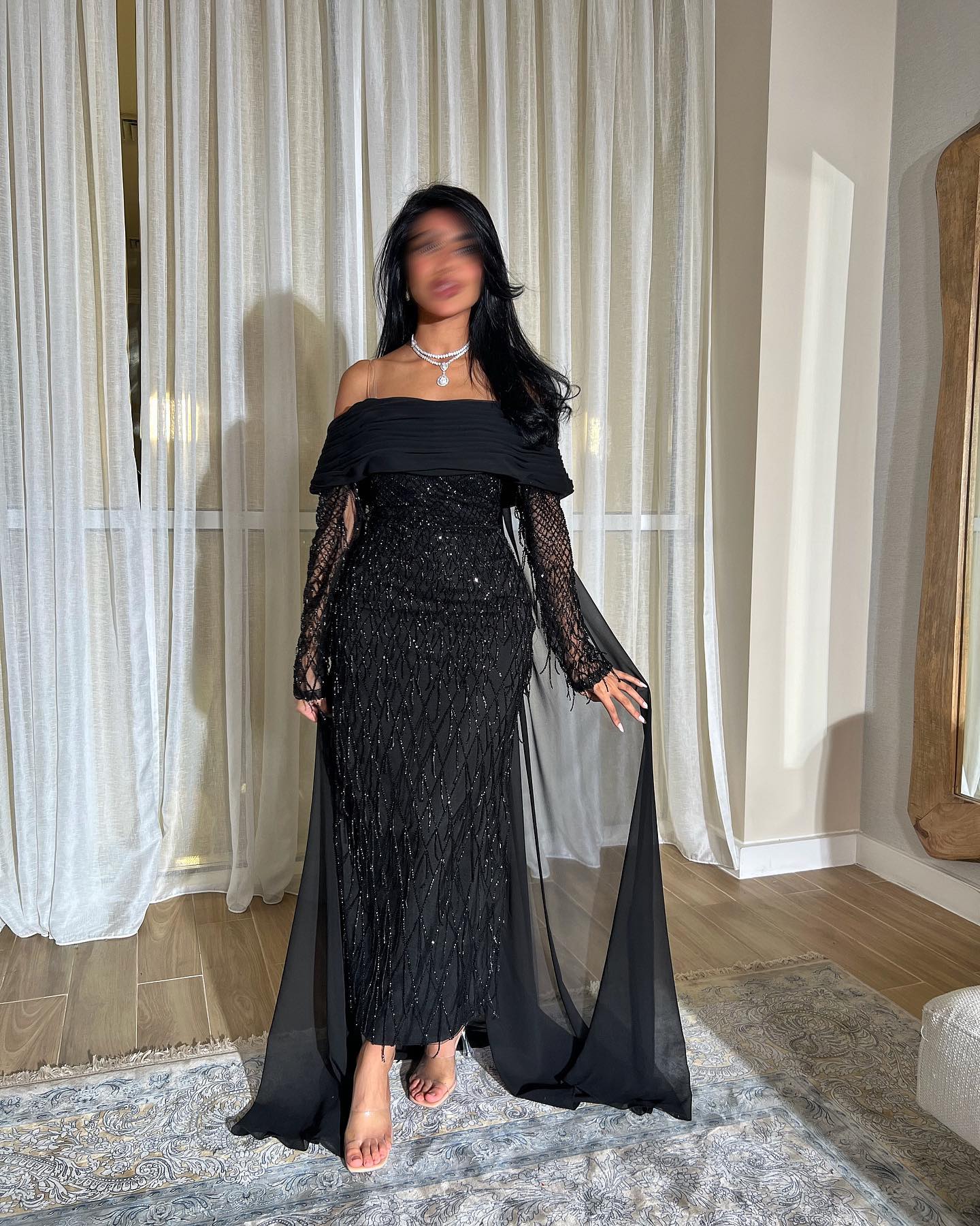 Elegant Lilac Beaded Tassels Long Sleeves Evening Dress with Cape AE010