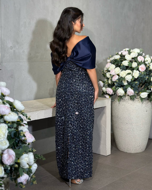 Elegant Beaded Navy Blue Strapless Sequined Arabic Evening Dress AE004