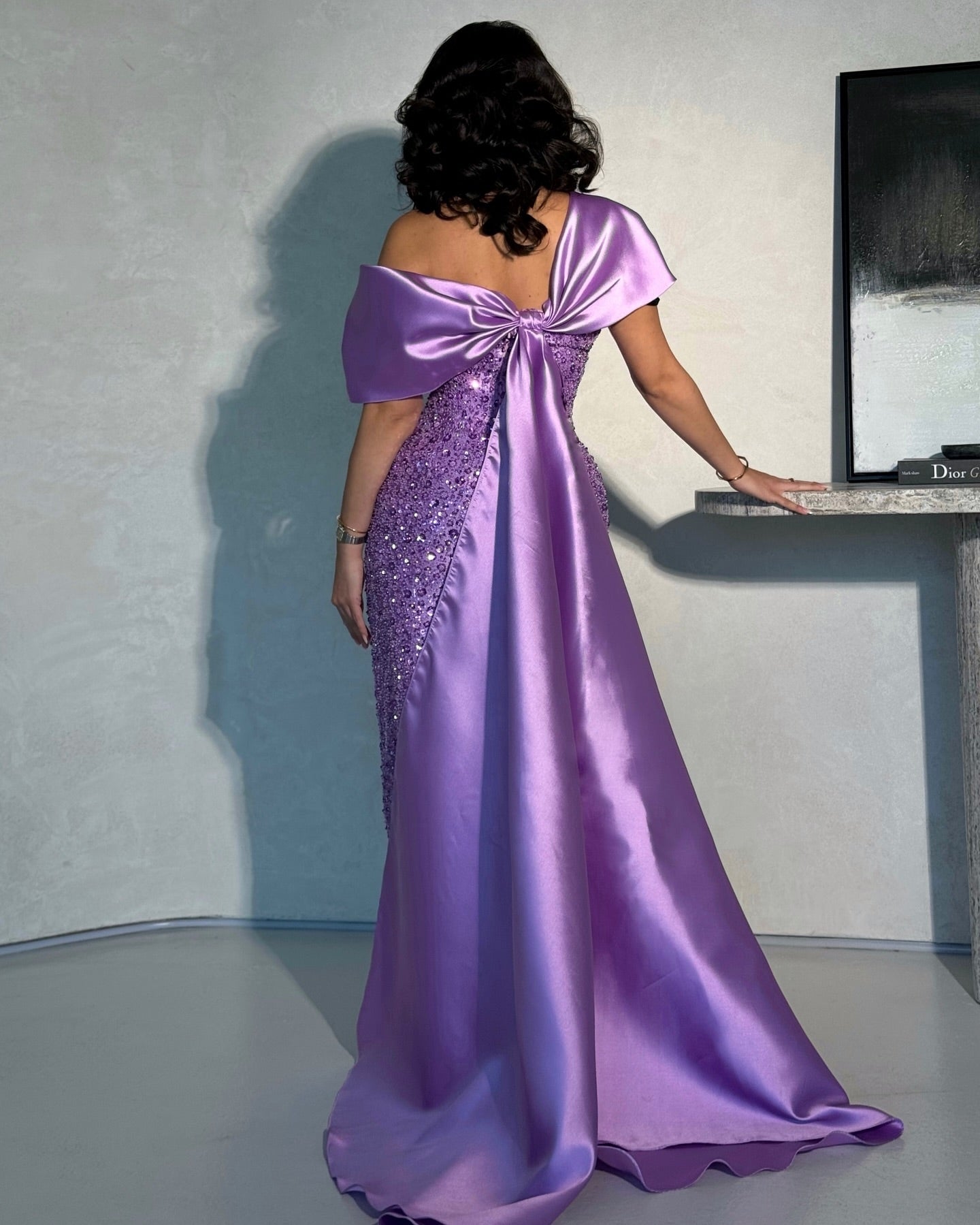 Luxury Burgundy Beaded One Shoulder Arabic Evening Dress with Overskirt AE003