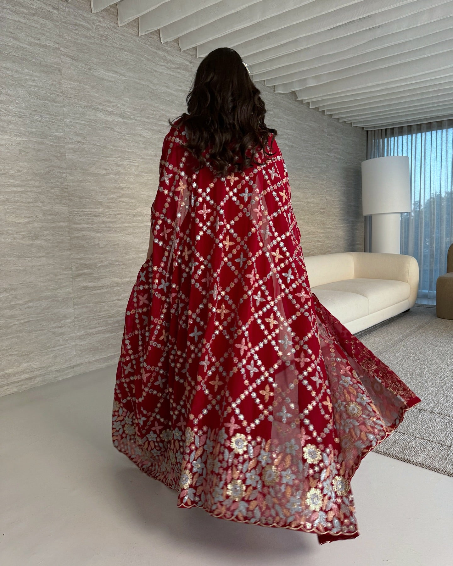 Graceful Burgundy Spaghetti Straps Satin Arabic Evening Dress with Cape AE006