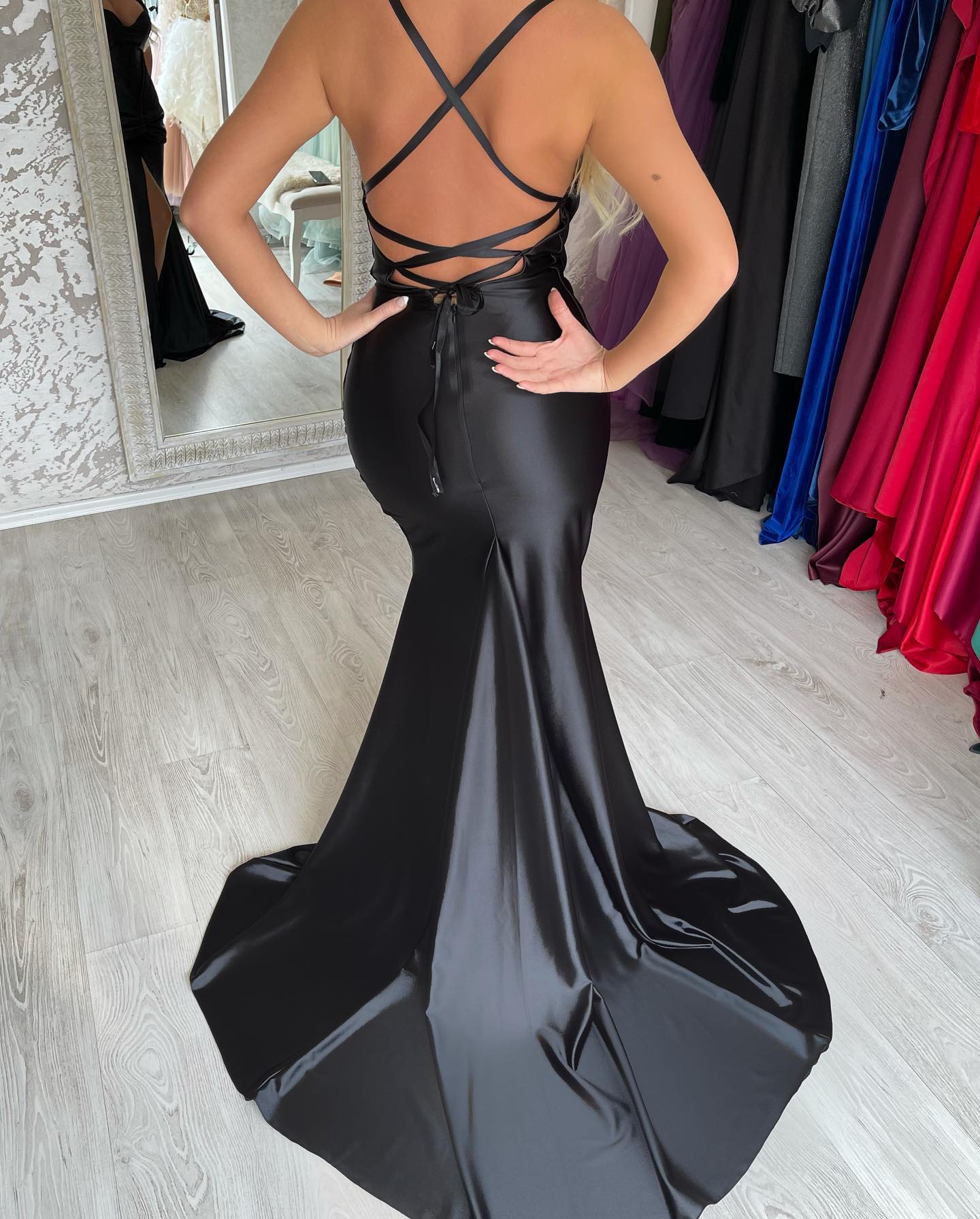 Simple Black Spaghetti Straps Sweetheart Sheath Draped Satin Prom Dress SP076