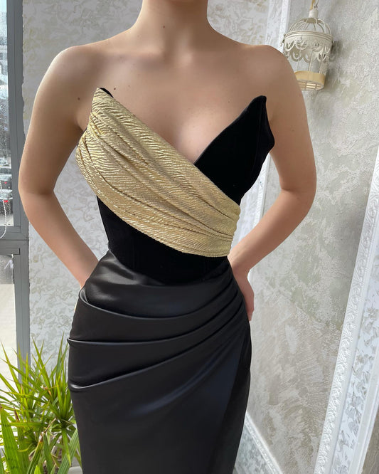 Chic Black&Gold Tube Top Sheath Pleated Satin Prom Formal Gown SP080