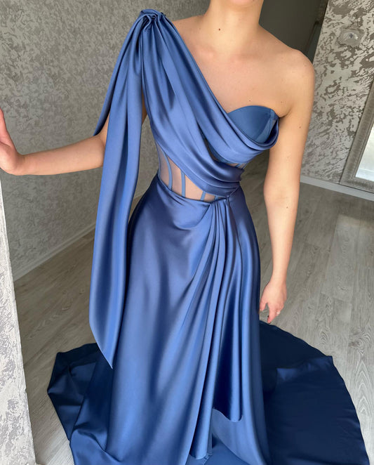 Classic Blue One Shoulder Sheath Pleated Satin Prom Dress with Train SP093