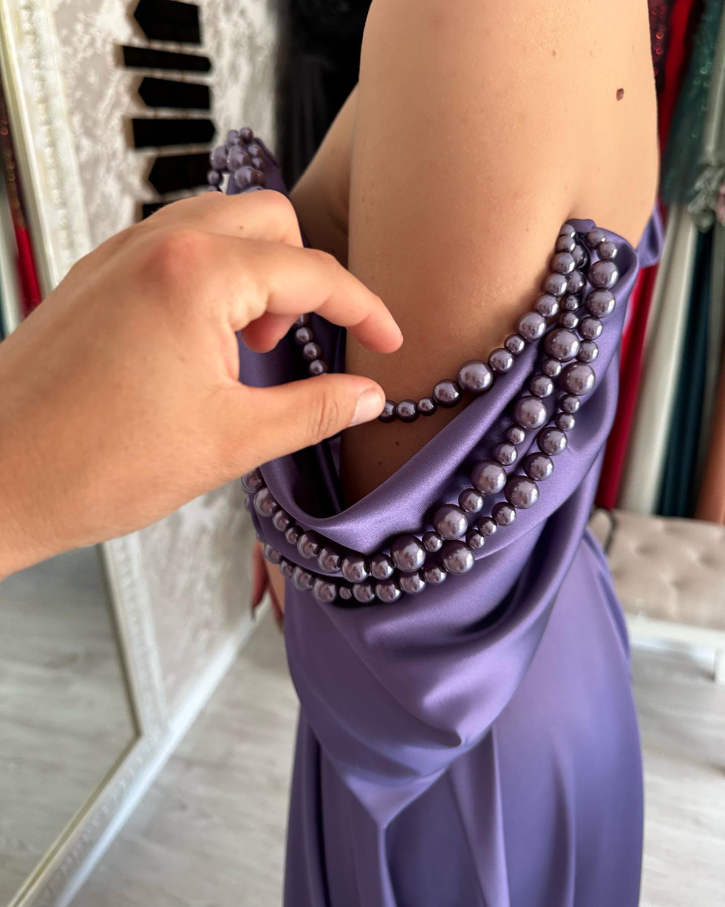 Elegant Purple Off-Shoulder Sheath Satin Prom Evening Dress with Pearls SP092