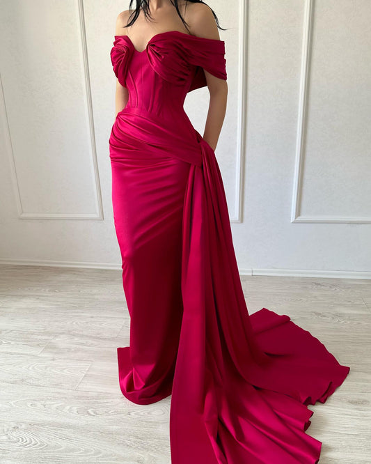 Classic Fuchsia Off-Shoulder Mermaid Pleats Satin Prom Dress with Slit SP069