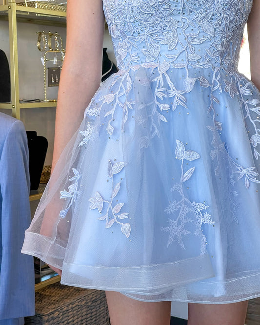 Cute Blue A-Line Lace Beaded Homecoming Dress with Appliques HM008