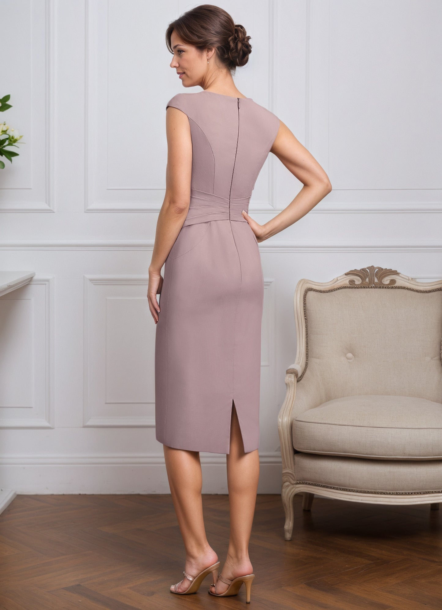 Elegant Dusty Rose Scoop Neck Midi Mother of Groom with Applique Coat MG009