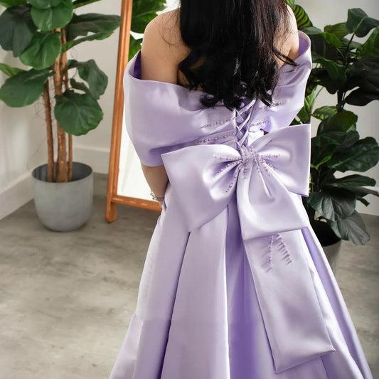 Graceful Pearls Lavender Off-Shoulder Mermaid Prom Dress with Bow Overskirt SP087