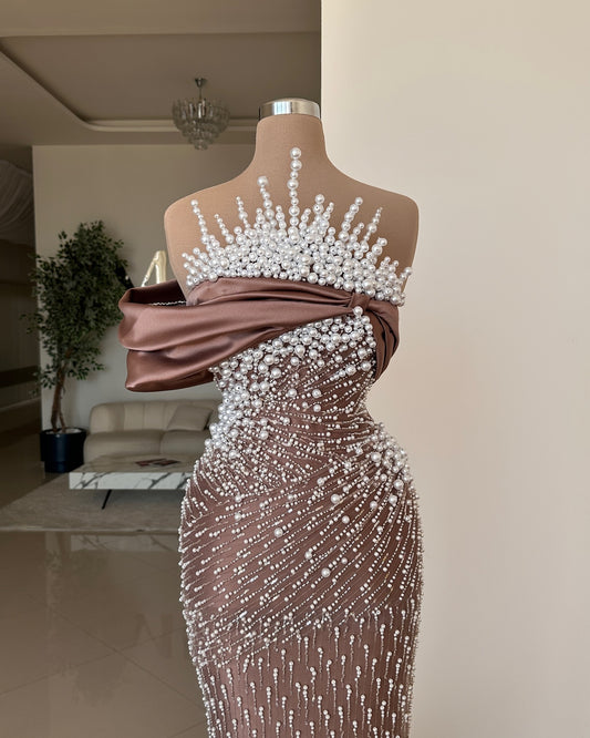 Luxury Pearls Brown One Shoulder Sheath Long Evening Prom Dress LP033
