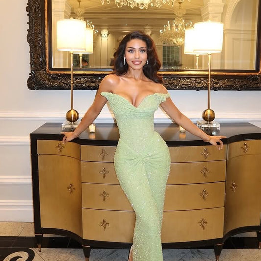 Stunning Light Green One Shoulder Sequined Mermaid Evening Prom Dress LP031