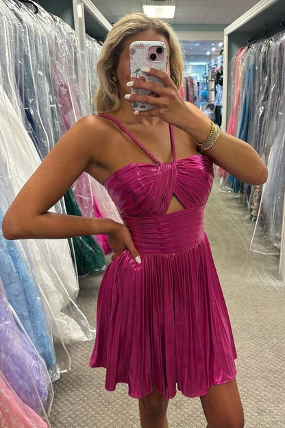 Sliver Metallic Spaghetti Strap A-Line Homecoming Dress HM124