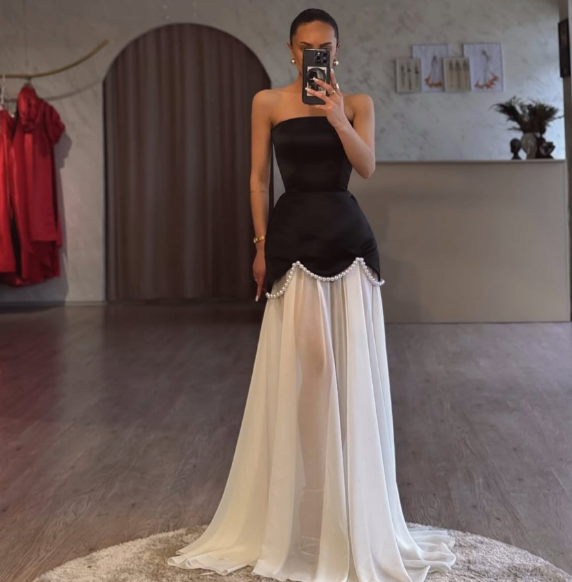 Elegant Strapless White A-Line Pearls Chiffon Prom Dress SP001