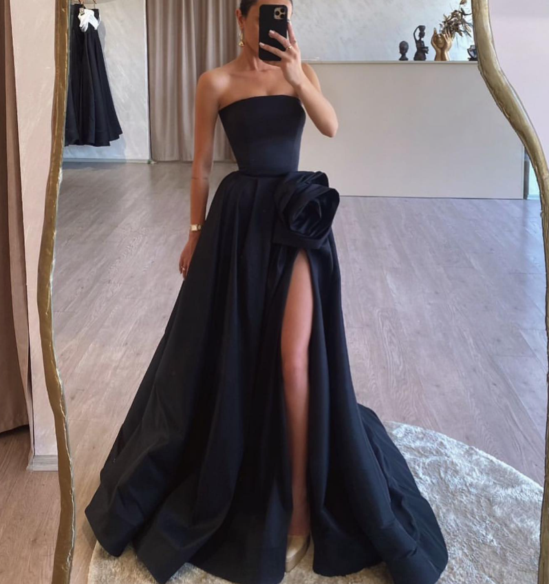 Simple Strapless Black A-Line 3D Floral Satin Prom Dress with Slit SP002