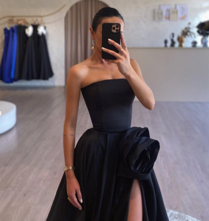 Simple Strapless Black A-Line 3D Floral Satin Prom Dress with Slit SP002