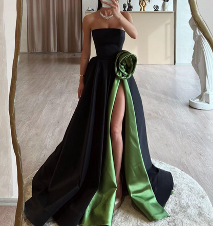 Simple Strapless Black A-Line 3D Floral Satin Prom Dress with Slit SP002