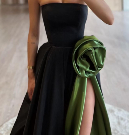 Simple Strapless Black A-Line 3D Floral Satin Prom Dress with Slit SP002