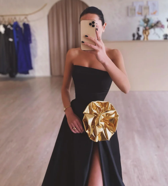 Simple Strapless Black A-Line 3D Floral Satin Prom Dress with Slit SP002
