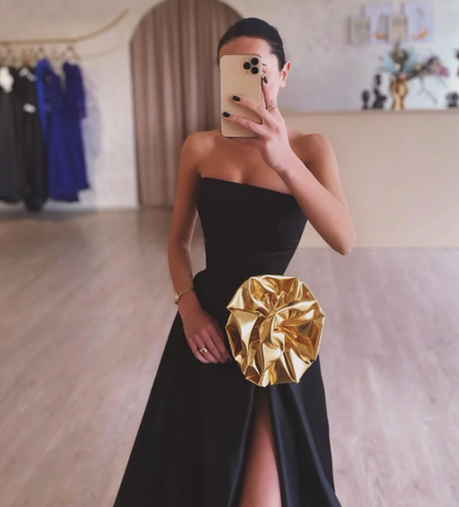 Simple Strapless Black A-Line 3D Floral Satin Prom Dress with Slit SP002