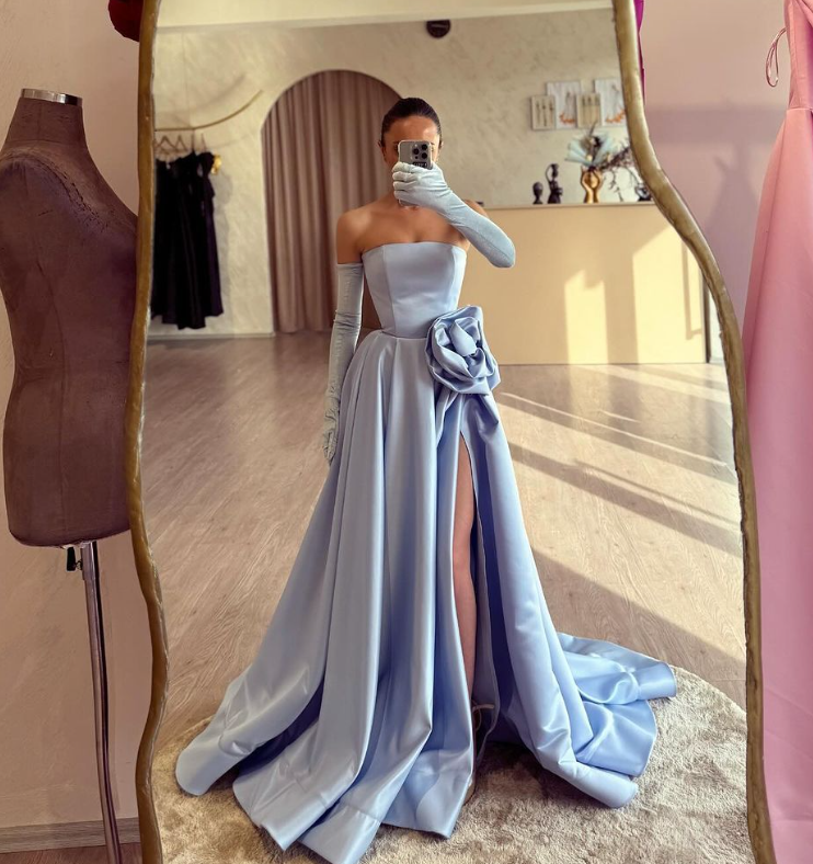 Simple Strapless Black A-Line 3D Floral Satin Prom Dress with Slit SP002