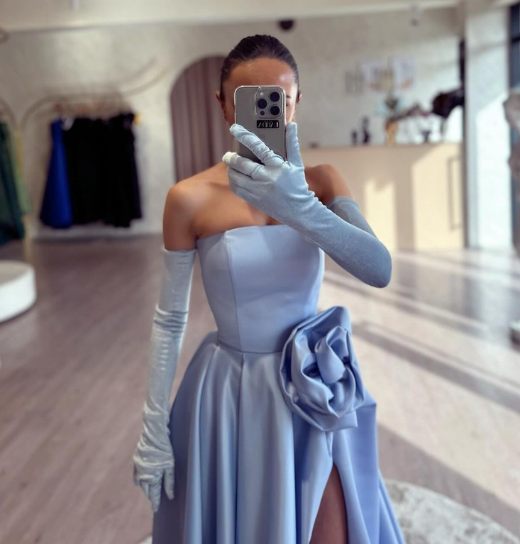 Simple Strapless Black A-Line 3D Floral Satin Prom Dress with Slit SP002