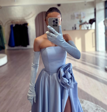 Simple Strapless Black A-Line 3D Floral Satin Prom Dress with Slit SP002