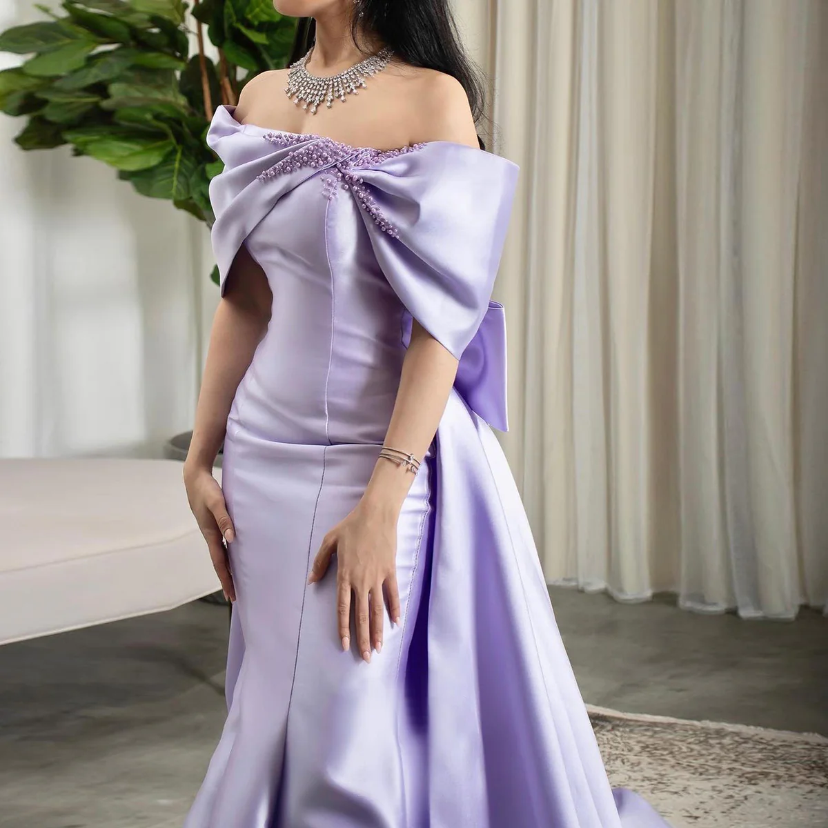 Graceful Pearls Lavender Off-Shoulder Mermaid Prom Dress with Bow Overskirt SP087