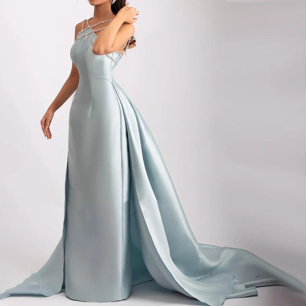 Elegant Blue Beaded Cross-Neck Satin Prom Evening Dress with Overskirt SP086