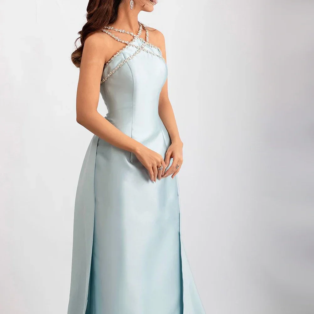Elegant Blue Beaded Cross-Neck Satin Prom Evening Dress with Overskirt SP086