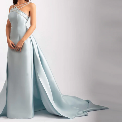 Elegant Blue Beaded Cross-Neck Satin Prom Evening Dress with Overskirt SP086